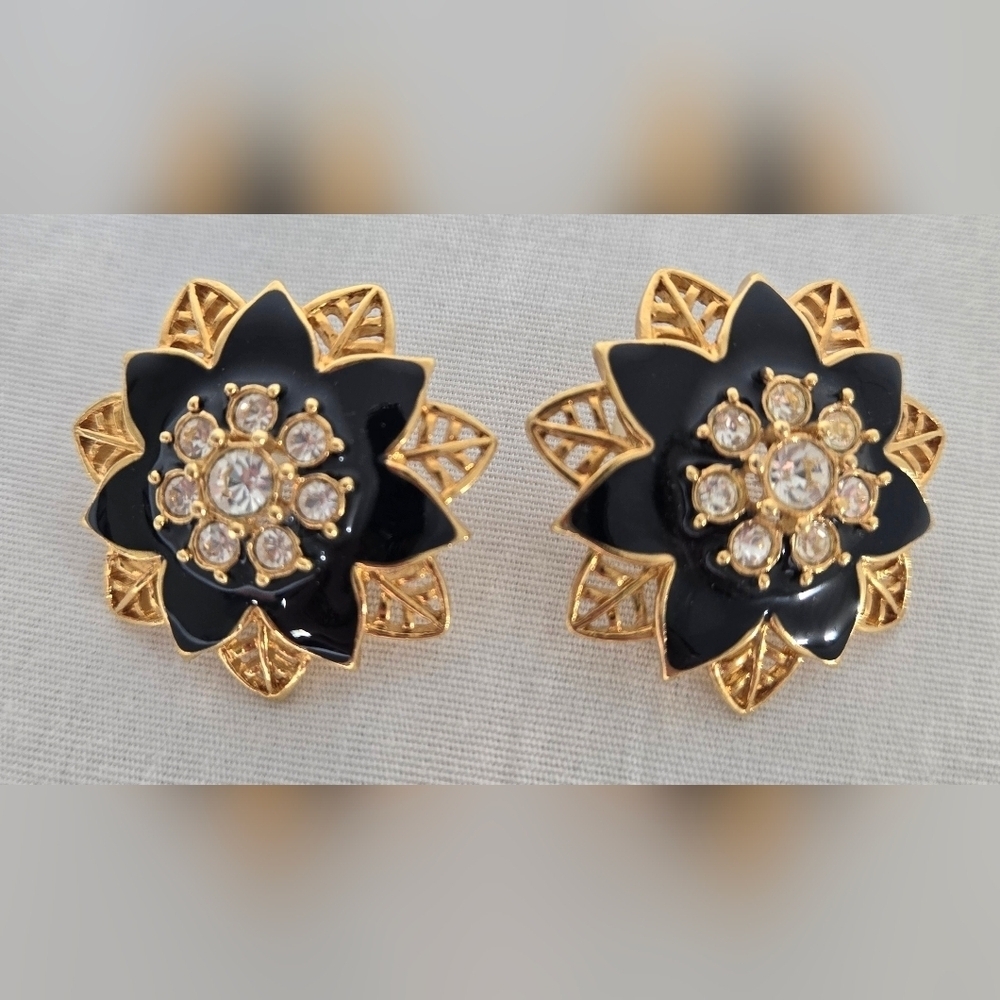 Vintage Avon Bright Gold Tone Pierced Earrings Rhinestones/Black Enamel Festive